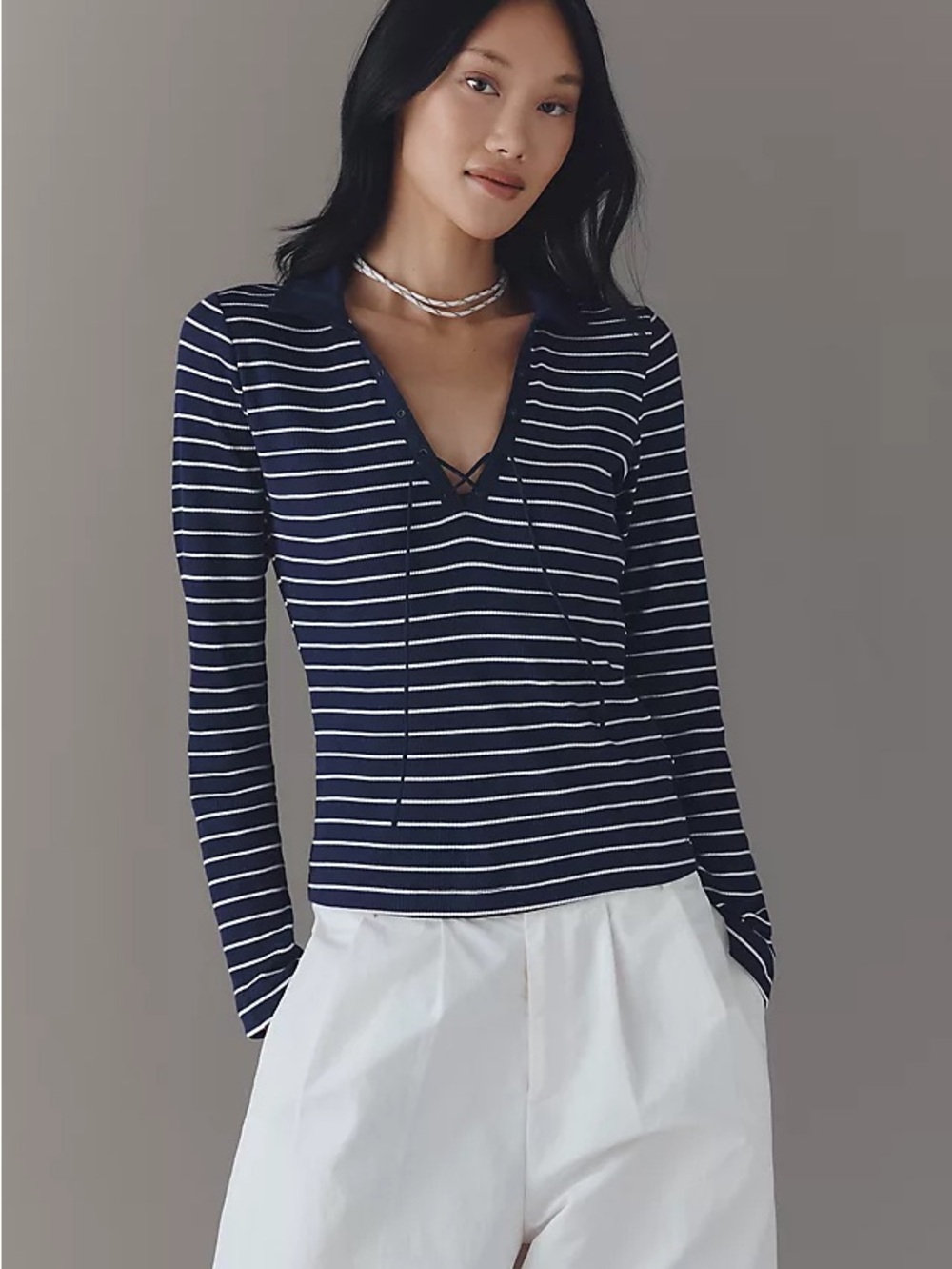 Maeve Navy and White Striped Lace-Up V-Neck Long Sleeve Top